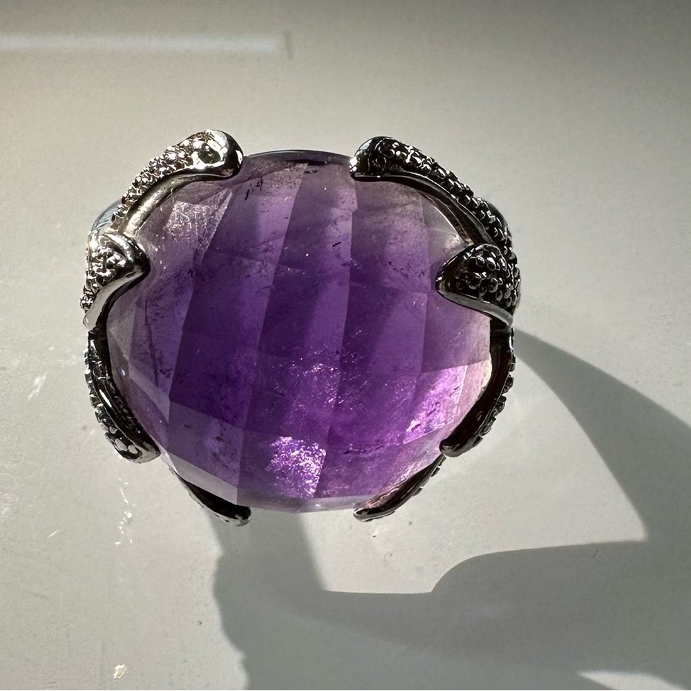 925 Sterling Silver Royal Purple Amethyst Cocktail Ring Size 9 Checkerboard Cut - Picture 4 of 9